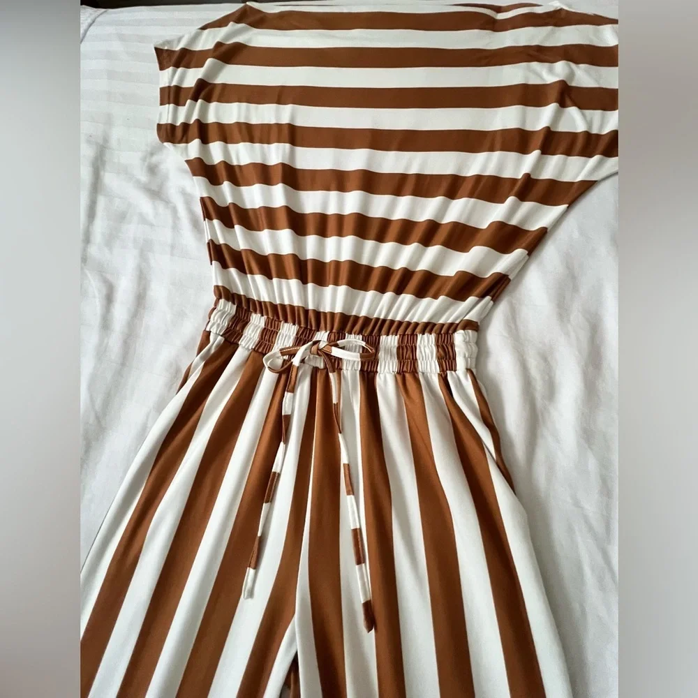 Striped Brown and White Jumpsuit - Picture 2 of 5